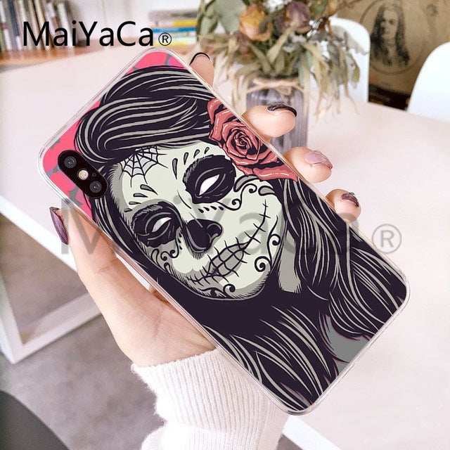 Funny Sugar Skull Girl Tattoo Transparent Shell Phone Case For iphone