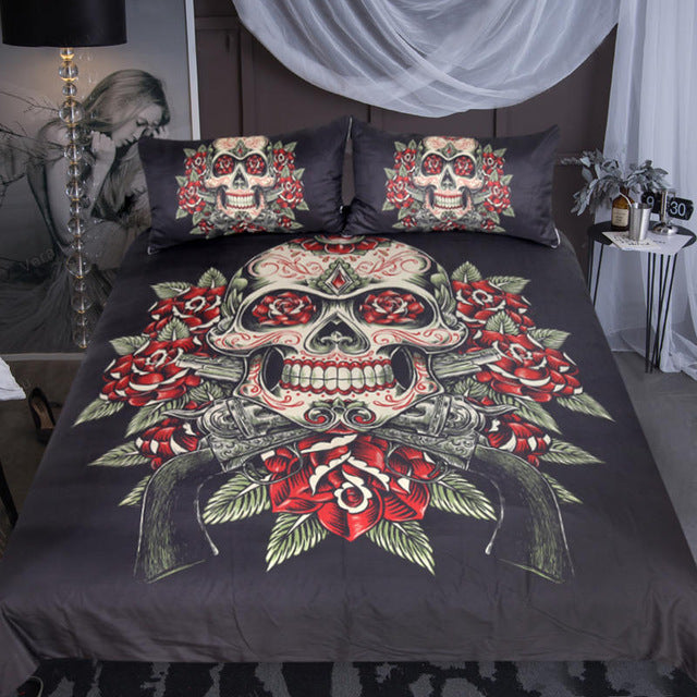 Floral Skull Bedding Set King Vintage Duvet Cover 3 Pieces Sugar Skull Bedclothes Flowers Black White Bed Set