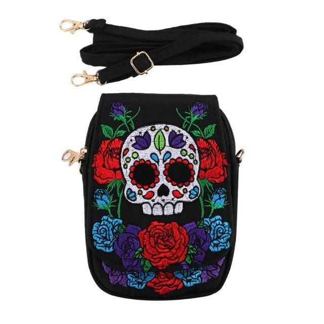 Women Skull Rose Handbag Canvas Embroidery Ethnic Shoulder Bag