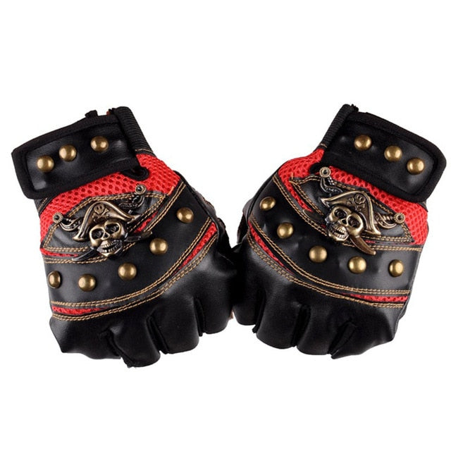 Fashion Men Ridding Gloves Pirates of the Caribbean Captain Skull Accessories Half-finger Glove Rivet Breathable Sport Glove