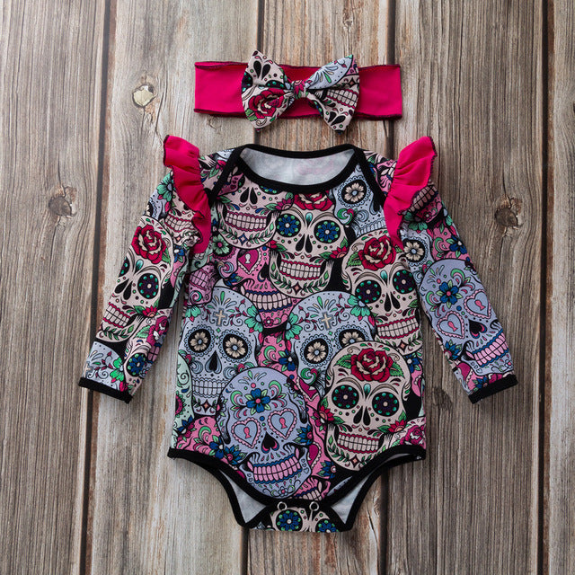 2pcs Newborn Baby Skull Romper+headhand