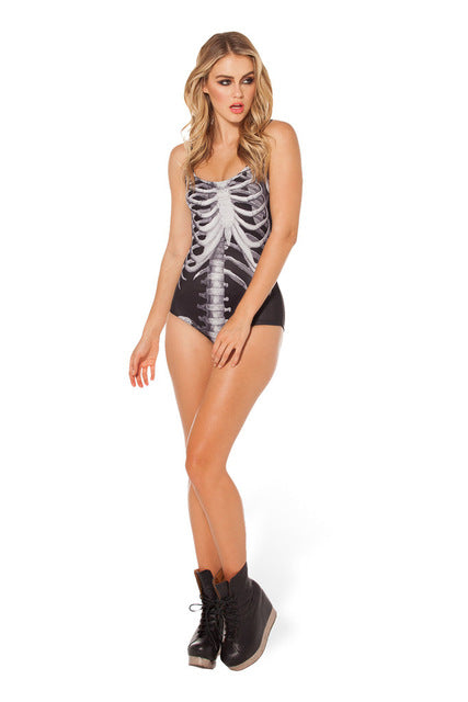 Sexy Black White Skeleton Swimsuit One Piece For Women Active SKull