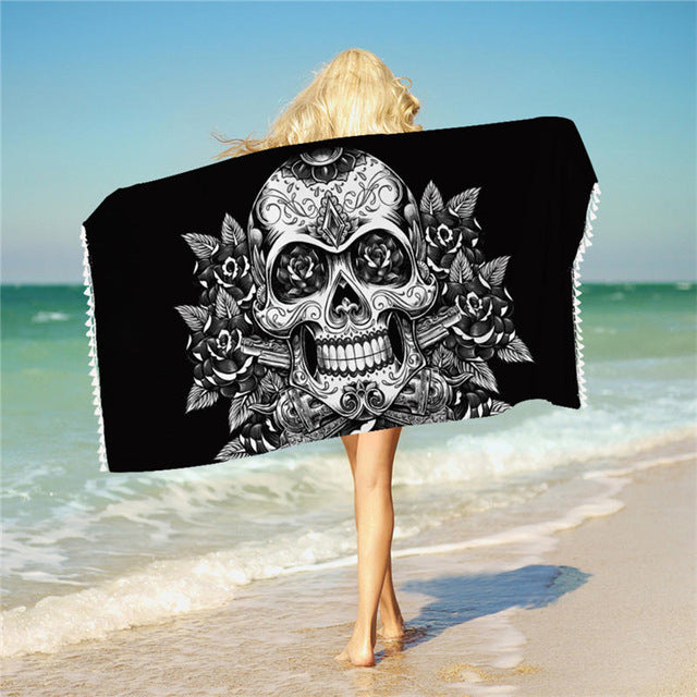 Sugar Skull Bath Towel With Tassels Microfiber Vintage Beach Towel Red White Rectangle Floral Yoga Mat 75x150cm