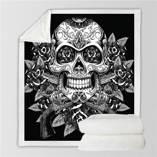 BeddingOutlet Sugar Skull Velvet Plush Reversible Sherpa Blanket Floral Vintage Fleece Blanket Flowers Black White Bedding