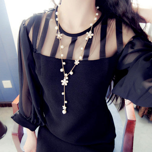 Flower Long Necklace for Women Fashion Simulated Pearl Jewelry Tassel Perlas Necklaces & Pendants Bijoux Femme Perle
