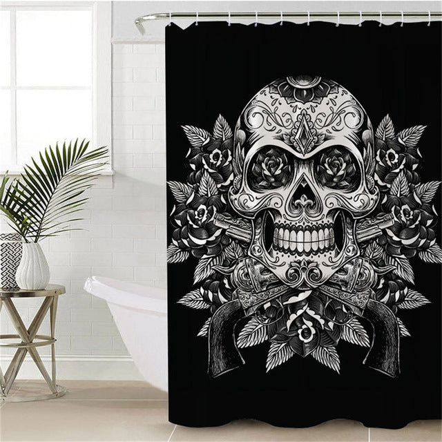 BeddingOutlet Floral Sugar Skull Shower Curtain Waterproof Vintage Bathroom Curtain With Hooks Flowers Black White Curtain