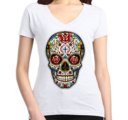 Skull Red Roses Women's V-Neck T-shirt Day of the Dead Shirts