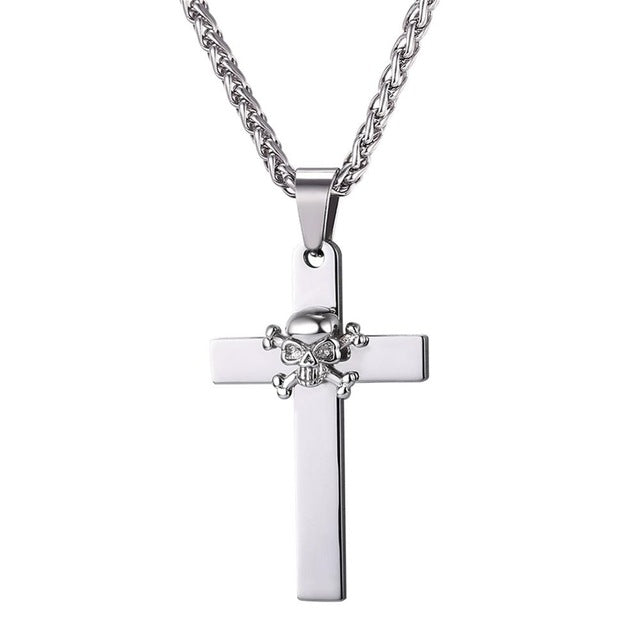Stainless Steel Skeleton Pirate Cross Pendant & Chain Necklace