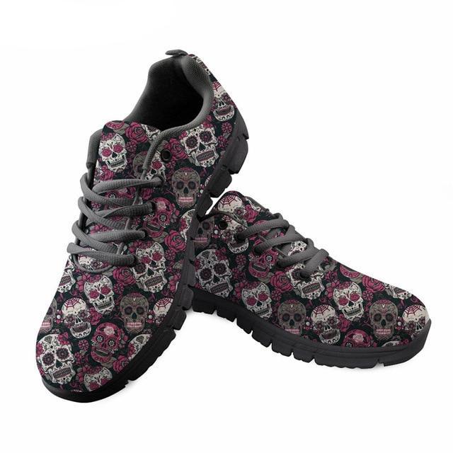 Sugar Skulls Printing Women Lace Up Flat Shoes Summer Mesh Breathable