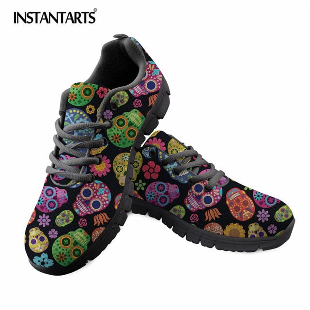 Sugar Skulls Printing Women Lace Up Flat Shoes Summer Mesh Breathable
