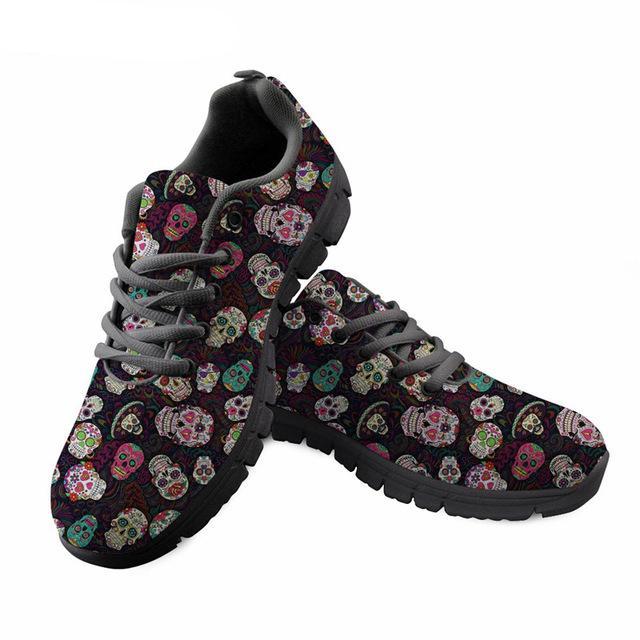 Sugar Skulls Printing Women Lace Up Flat Shoes Summer Mesh Breathable