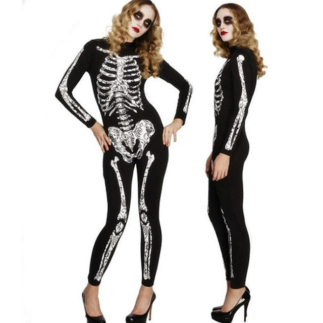 Halloween Long Sleeves Black Scary Skeleton Skull Joker Bodysuit