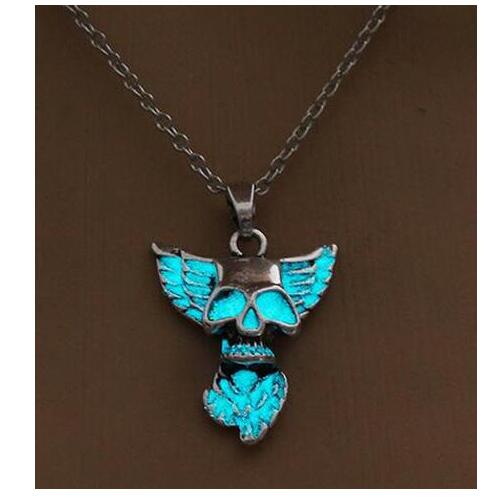 Heart Wing Punk Luminous Skull Pendant Necklace GLOW in the DARK Skull