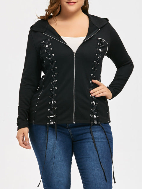 Autumn Women Double Lace-up Zip Up Hooded Coat Plus Size 3XL Fashion Black Elastic Jackets Casual Female Outwear Tops
