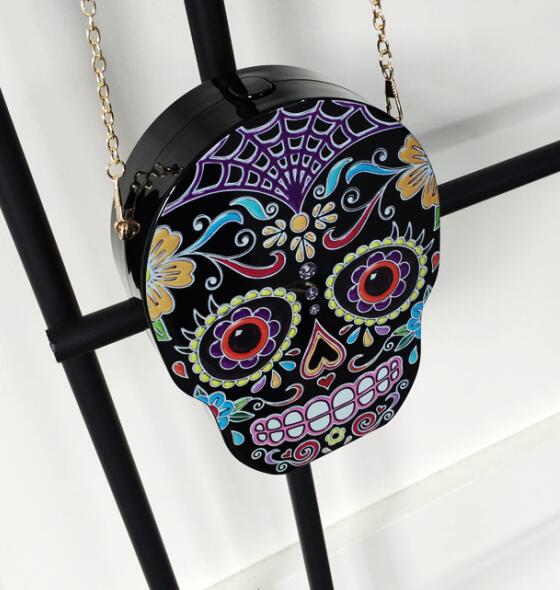 New arrival fashion personality skull pattern painted black & white acrylic Party Clutch shoulder bag ladies handbag flap purse