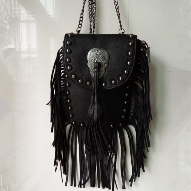 women black tassel bag classic flap bag PU leather small shoulder crossbody bags for women Rivets Skull clutch handbag
