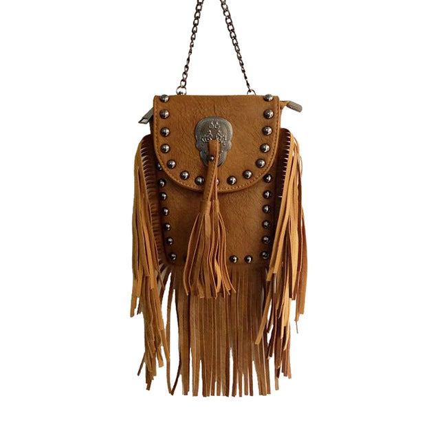 women black tassel bag classic flap bag PU leather small shoulder crossbody bags for women Rivets Skull clutch handbag