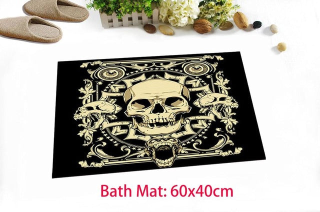 Skull Extra Long Black Shower Curtain And Bath Mat Set
