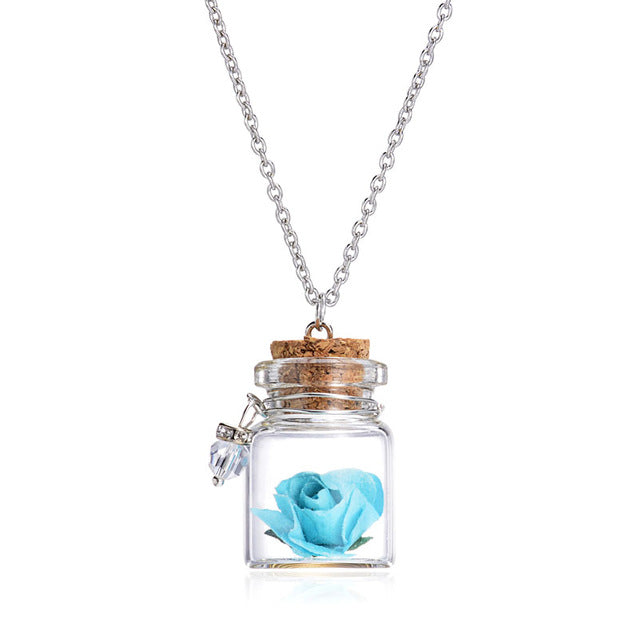 Romantic Luminous Glow In Dark Rose Flower Pendant Necklace Fluorescent Glass Wish Bottle Chain Choker Necklace Gift Jewelry
