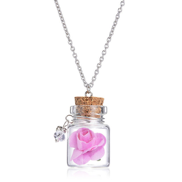 Romantic Luminous Glow In Dark Rose Flower Pendant Necklace Fluorescent Glass Wish Bottle Chain Choker Necklace Gift Jewelry