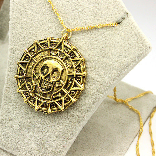 Pirates Of The Caribbean Necklace Aztec Skeleton Skull Heads Pendant Gold/Bronze Plated Vintage Men Statement Necklace Gifts