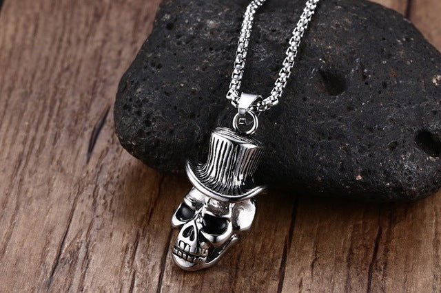Men's Skull Wind Hat Gentleman Rock & Roll Cowboy Pendant Necklace Stainless Steel Vintage Punk Halloween Jewelry with 24inch