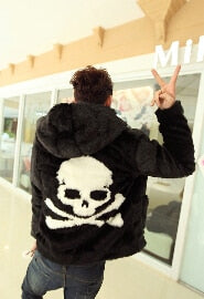 Hot sell Winter new Leather grass overcoats male skull pattern fashion Hoodie faux fur coat Cozy black rabbit fur jacket