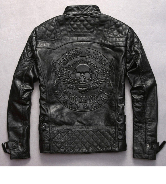 Black Men Skull Pattern Biker's Leather Jacket Plus Size 3XL Genuine Cowhide Slim Fit Motorcycle Leather Coat