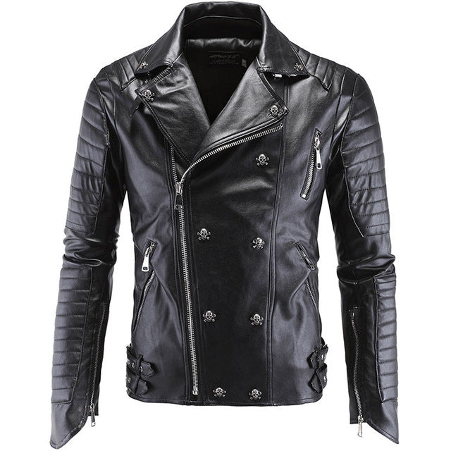 Male Plus Size Leather Jacket Skull Rivet Studded Punk Rock Men