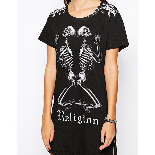 Cool Punk Style Short Dress Skull Print Women Casual Club Dresses Fashion Short Sleeve Zipper Split Summer T Shirt Dress
