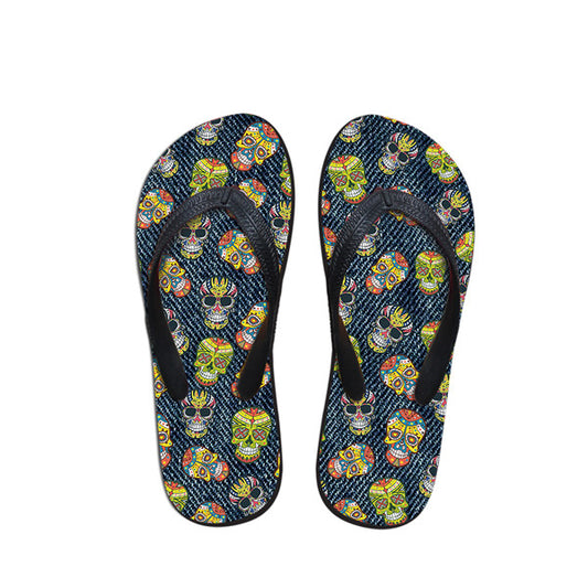 Cool Denim Skull Fashion Flip Flops for Women Personalized Soft Casual Rubber Flipflops