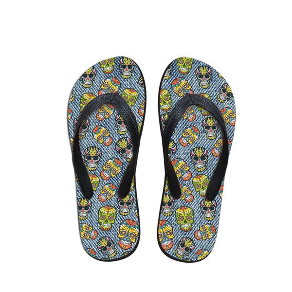 Cool Denim Skull Fashion Flip Flops for Women Personalized Soft Casual Rubber Flipflops