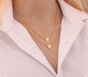 New Women Fashion Gold Color 3 Layers Chain Necklace Hollow Out Triangle Long Pendant Necklaces Jewelry Free shipping