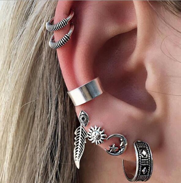 Punk Style Earring Sets For Women Ethnic Bohe Silver Color Ear Clip Tassel Earrings Feather Leaf Owl Earrings Wholesale