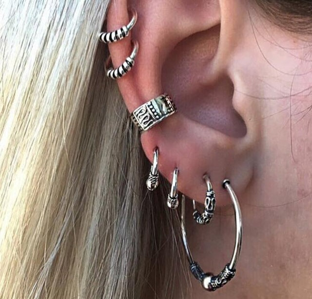Punk Style Earring Sets For Women Ethnic Bohe Silver Color Ear Clip Tassel Earrings Feather Leaf Owl Earrings Wholesale