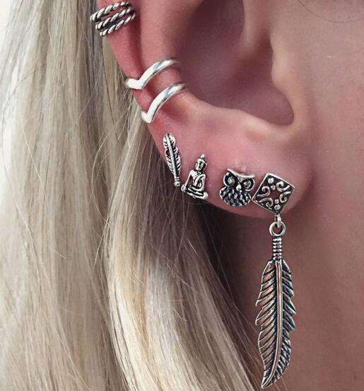 Punk Style Earring Sets For Women Ethnic Bohe Silver Color Ear Clip Tassel Earrings Feather Leaf Owl Earrings Wholesale
