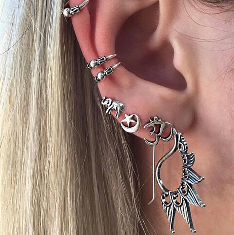 Punk Style Earring Sets For Women Ethnic Bohe Silver Color Ear Clip Tassel Earrings Feather Leaf Owl Earrings Wholesale