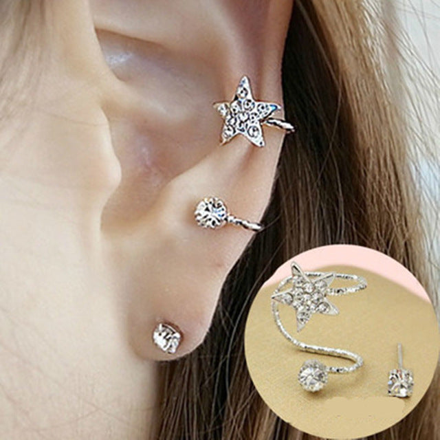 New Brincos Clip Earring Simulated-pearl Crystal Heart Leaf Star Flower Ear Bone Cuff Earrings For Women Men Jewelry