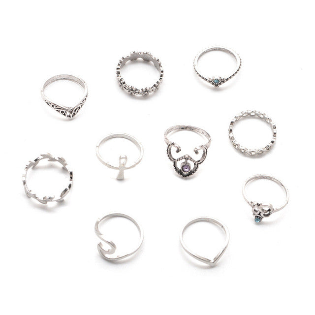 10pcs/Set Bohemian Crystal Midi Rings For Women Yoga Symbol Crown Leaf Infinity Charms Knuckle Ring Set Beach Party Jewelry Gift