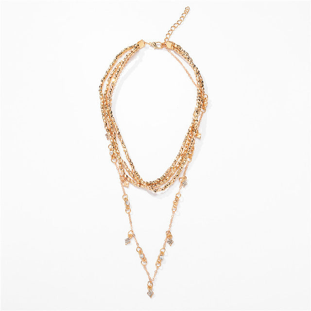 Fashion Multi Layer Bohemian Geometry Choker Necklace for Women CZ Crystal Rhombus Pendant Necklace Party Jewelry Christmas Gift