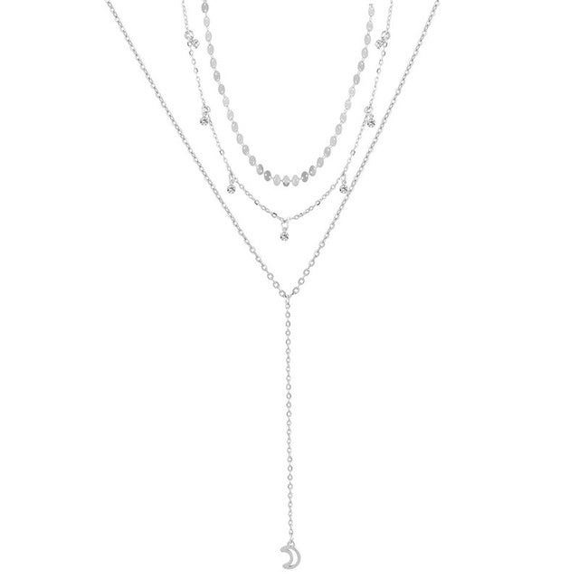 Fashion Sequins Crystal Moon Pendant Necklace for Women Silver Color Multilayer Collar Choker Necklace Bohemian Jewelry Gift