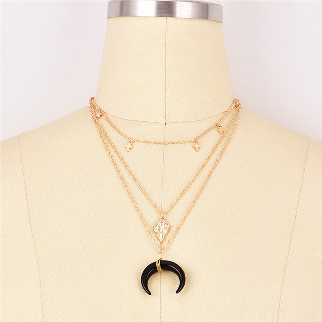 Vintage Gold Color Multilayer Cross Choker Necklace for Women Bohemian Heart Arrow Moon Pendant Necklace Collar Jewelry Gift