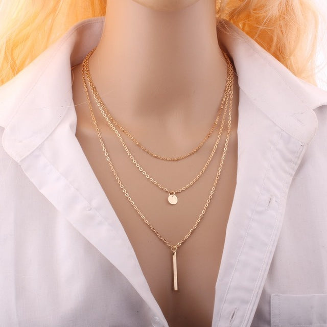 New Women Fashion Gold Color 3 Layers Chain Necklace Hollow Out Triangle Long Pendant Necklaces Jewelry Free shipping