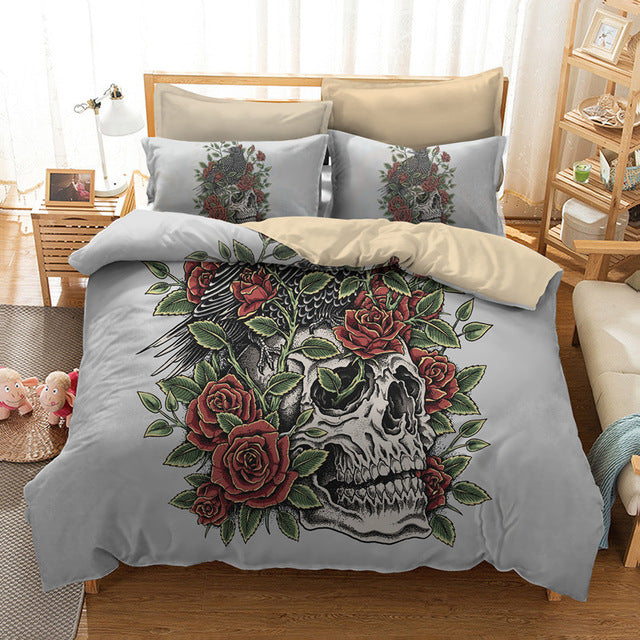 Fanaijia rose Skull Bedding Sets queen size Sugar pistol skull Duvet Cover Bed cool skull Print Black Bedclothes AU US bedline