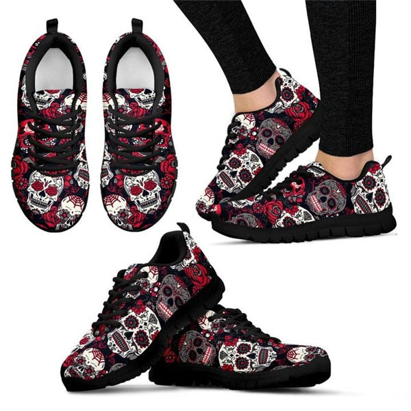 Trendy Sugar Skulls Art Printed Sneakers Women Light Sports Running Shoes Breathable Air Mesh Outdoor Athletic Shoes