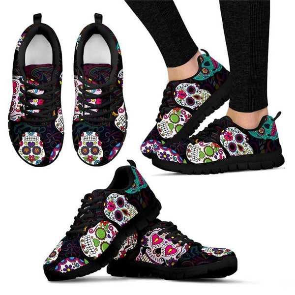 Trendy Sugar Skulls Art Printed Sneakers Women Light Sports Running Shoes Breathable Air Mesh Outdoor Athletic Shoes