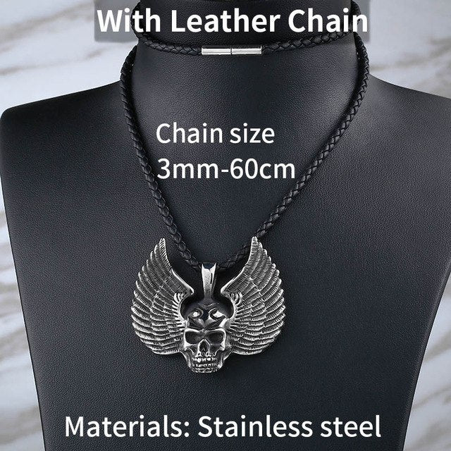 Stainless Steel Skull Pendant Necklace For Man Punk wing Jewelry good detail choker