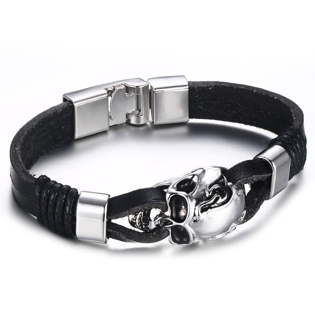 Punk Rock Mens Black Durable Leather Bracelets Gothic Skull Cuff Bangle Skeleton Charm Pulseiras Masculinas