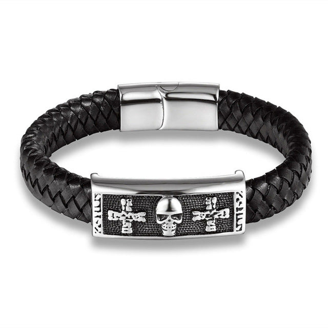 Fashion Braided Leather Bracelets Skull Bracelet Punk Wrap Bracelet Stainless Steel Magnetic Buckle Fashion Bangles