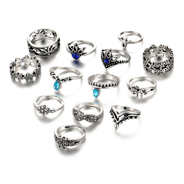 Retro Flower Infinite Knuckle Rings For Women Vintage Geometric Pattern Crystal Rings Set Party Bohemian Jewelry 13 PCS/Set